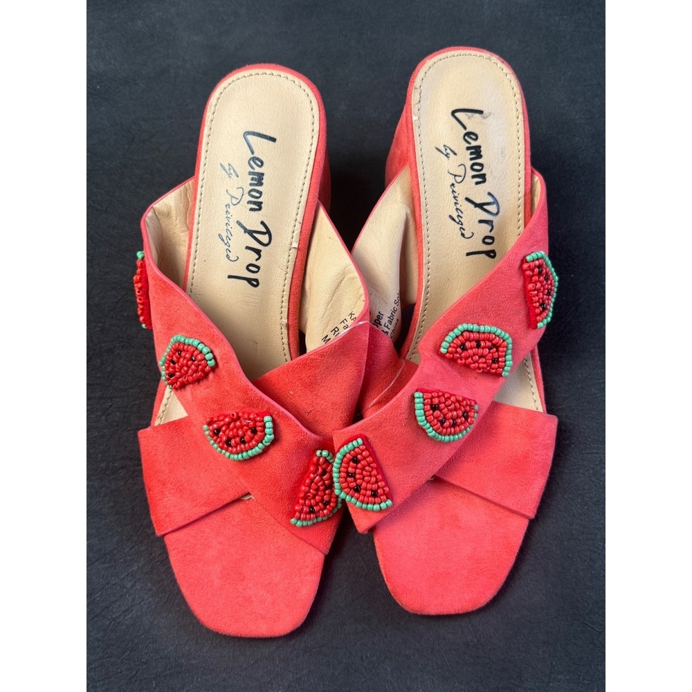 Lemon Drop by Privileged Kason Sandals 7.5 Red Watermelon Beaded Block Heel Mule